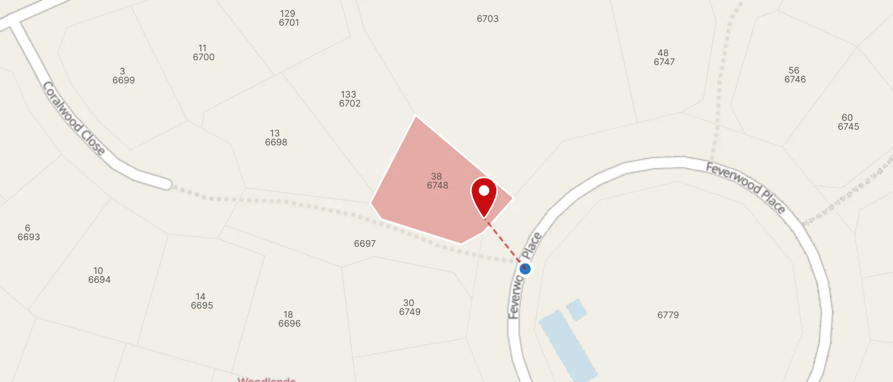 Riskscape map showing the capture position, building point and stand for 38 Feverwood Place